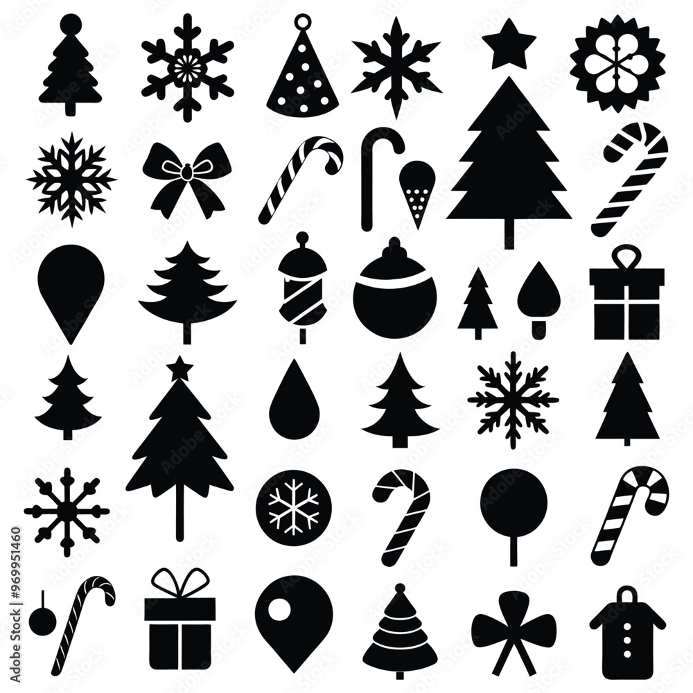 Design a logo icon set featuring silhouettes of a Christmas tree, a candy cane, and a snowflake Design a logo icon set featuring silhouettes of a Christmas tree, a candy cane, and a snowflake