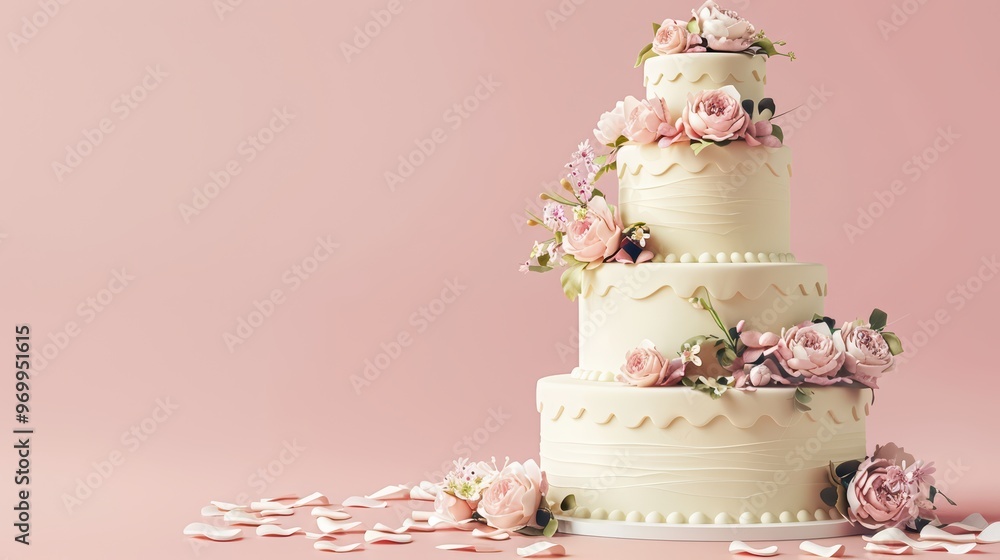 Elegant three-tier wedding cake adorned with pink roses and floral decorations on a soft pink background. Elegant three-tier wedding cake adorned with pink roses and floral decorations on a soft pink background.
