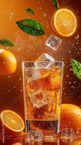 Citrus Beverage with Floating Oranges and Ice Cubes