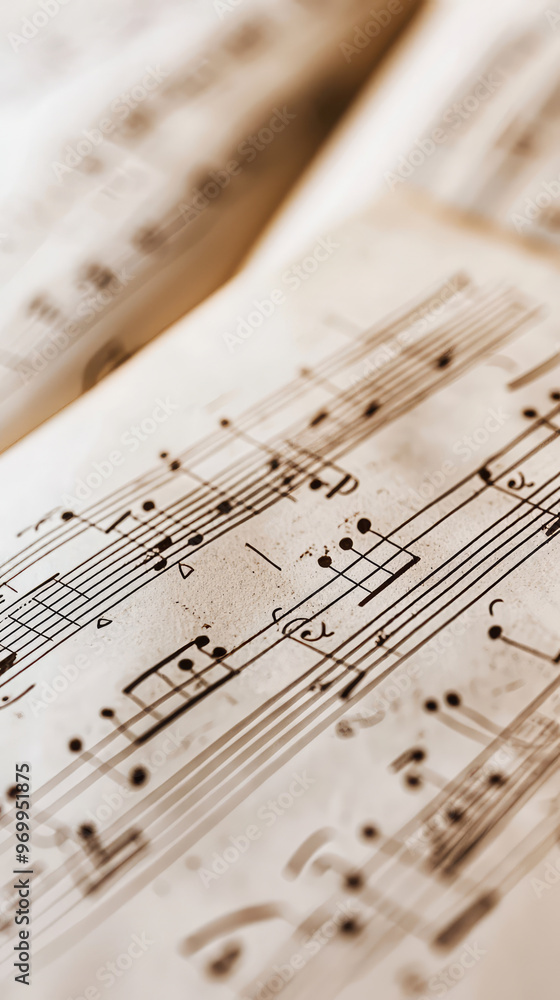 Close up of music sheet with handwritten notes, showcasing intricate details and emotions Close up of music sheet with handwritten notes, showcasing intricate details and emotions