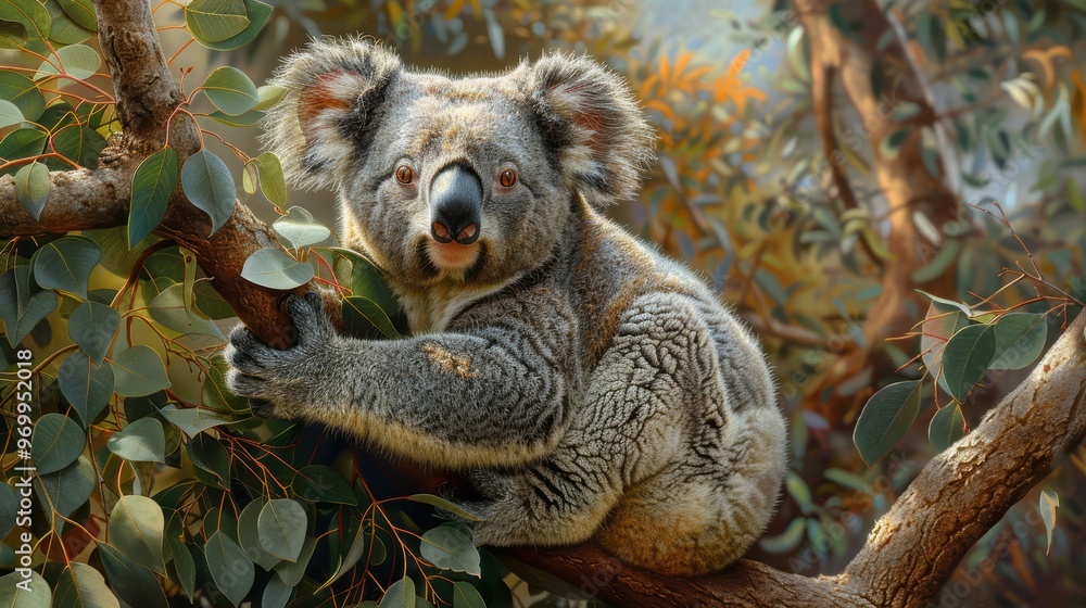 Fototapeta premium A koala clings to a eucalyptus branch in the Australian bush, enjoying its peaceful environment