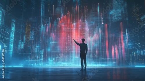 Man Interacting With Digital Cityscape