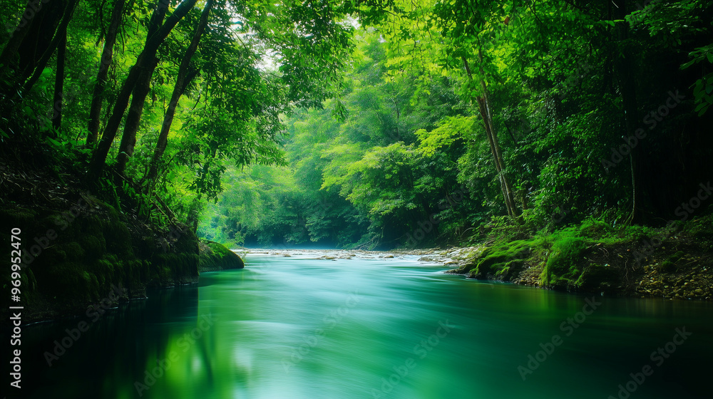 A serene river flows gently through a lush green forest, bathed in soft natural light, creating a peaceful and tranquil atmosphere. A serene river flows gently through a lush green forest, bathed in soft natural light, creating a peaceful and tranquil atmosphere.