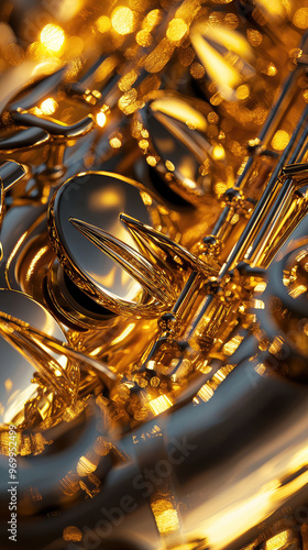 A close up of saxophone showcasing its shiny brass details and reflections