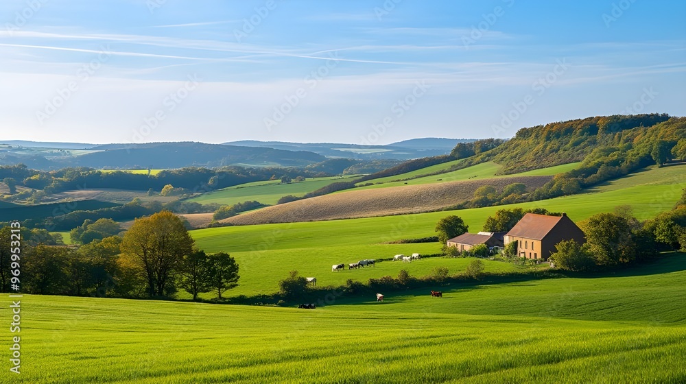 A picturesque stock photo of a rolling countryside with vibrant green fields, dotted with grazing cows and quaint farmhouses. A picturesque stock photo of a rolling countryside with vibrant green fields, dotted with grazing cows and quaint farmhouses.