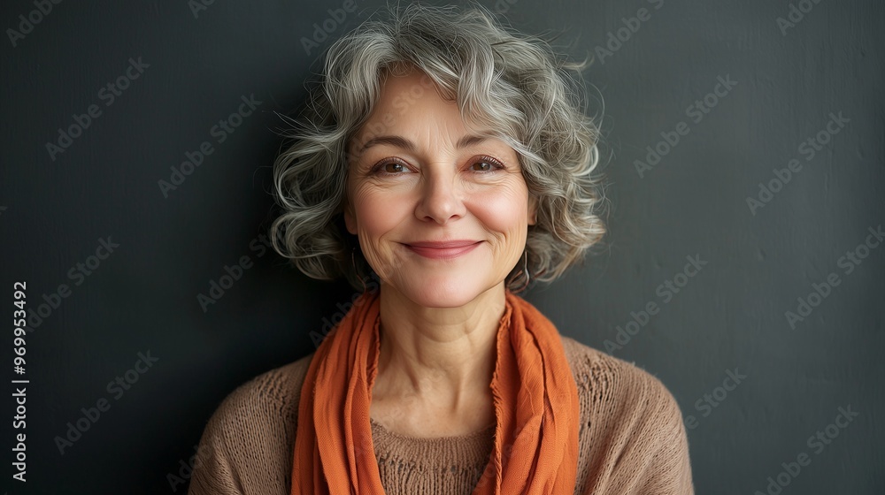 Obraz premium Happy mature woman smiling on grey wall.