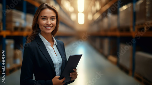 Cheerful woman manager with tablet in modern warehouse. Generative ai