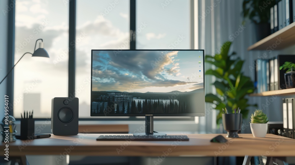 Fototapeta premium Modern workspace featuring a sleek monitor, stylish decor, and a view of clouds through large windows, perfect for productivity.
