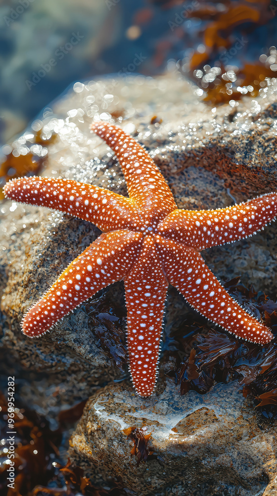 A vibrant starfish resting on rock, showcasing its unique texture and color A vibrant starfish resting on rock, showcasing its unique texture and color