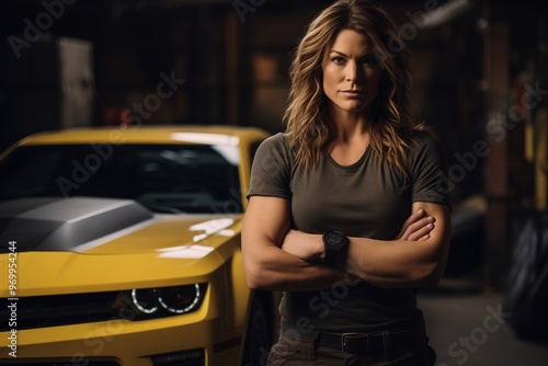 Confident woman mechanic in the car workshop with modified sport muscle car. Generative ai