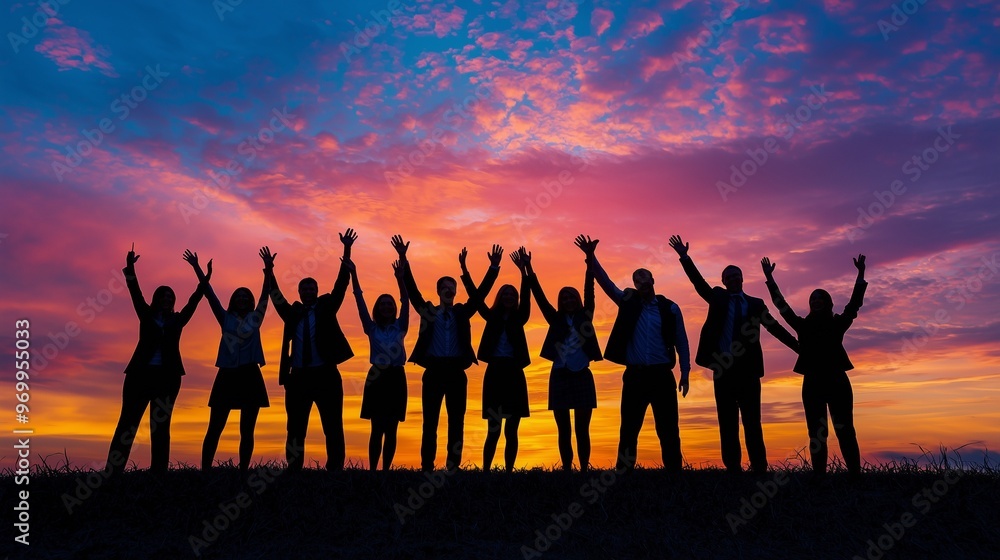 Silhouette of group happy business team making high hands over head in beautiful sunset sky evening time for business success and teamwork concept in company. Silhouette of group happy business team making high hands over head in beautiful sunset sky evening time for business success and teamwork concept in company.