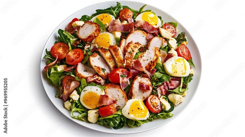 Fresh grilled chicken spinach salad with eggs, bacon, and cherry tomatoes Fresh grilled chicken spinach salad with eggs, bacon, and cherry tomatoes