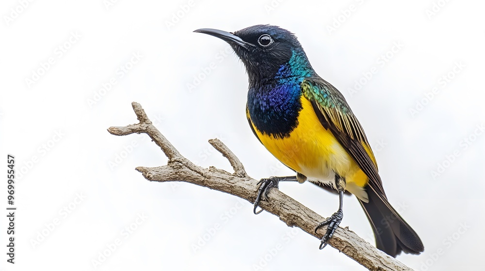 Fototapeta premium Regal Sunbird Perched on a Branch on a White Background, Realistic Photo, Wallpaper, Cover and Screen for Smartphone, PC, Laptop, 9:16 and 16:9 Format