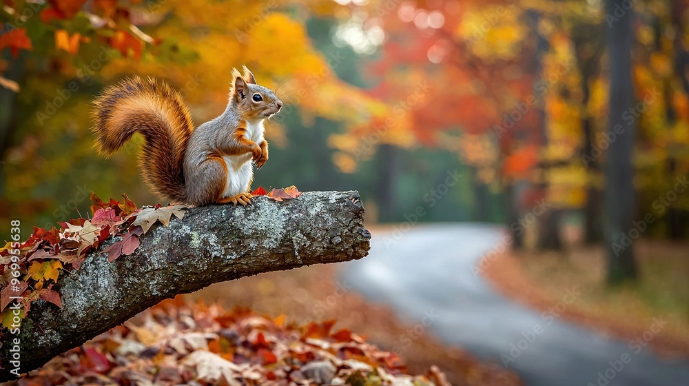 Squirrel perched atop tree branch amidst road's center, flanked by trees adorned with fall foliage Squirrel perched atop tree branch amidst road's center, flanked by trees adorned with fall foliage