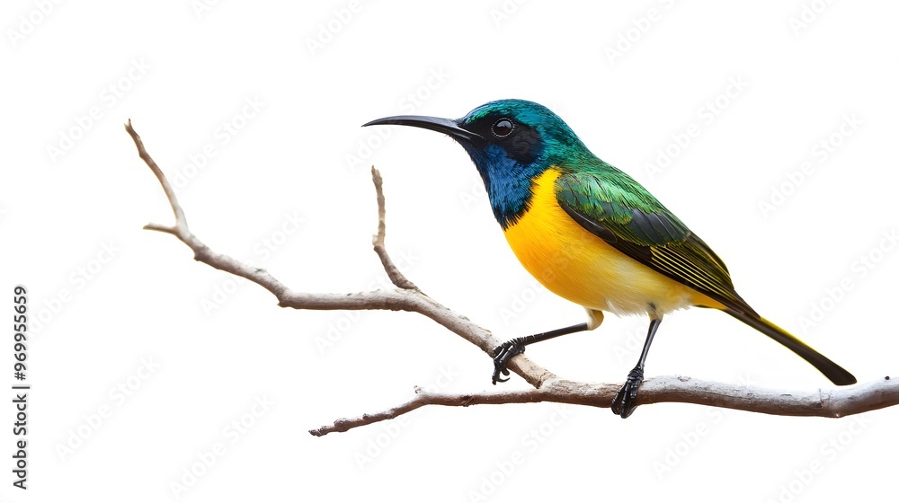 Fototapeta premium Regal Sunbird Perched on a Branch on a White Background, Realistic Photo, Wallpaper, Cover and Screen for Smartphone, PC, Laptop, 9:16 and 16:9 Format