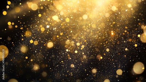 Background with falling golden glitter particles. falling gold confetti with magic light. beautiful light background.