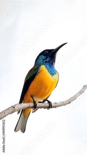 Regal Sunbird Perched on a Branch on a White Background, Realistic Photo, Wallpaper, Cover and Screen for Smartphone, PC, Laptop, 9:16 and 16:9 Format photo