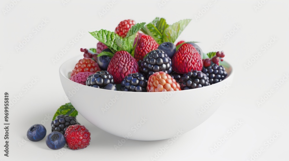 Vibrant bowl of assorted berries, showcasing fresh raspberries, blueberries, and blackberries with mint leaves for a healthy treat. Vibrant bowl of assorted berries, showcasing fresh raspberries, blueberries, and blackberries with mint leaves for a healthy treat.