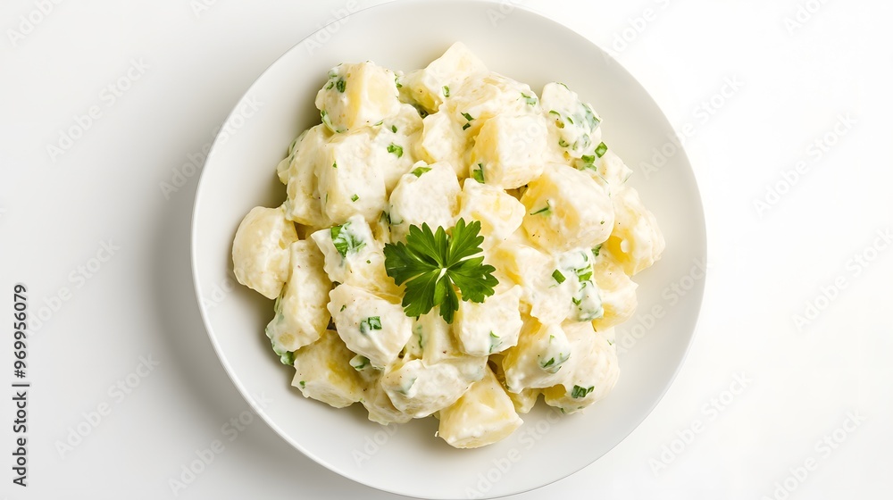 Creamy potato salad with fresh herbs on white plate Creamy potato salad with fresh herbs on white plate