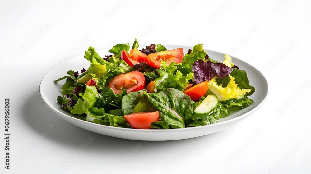 Fresh mixed green salad with tomatoes and cucumbers on a white plate Fresh mixed green salad with tomatoes and cucumbers on a white plate