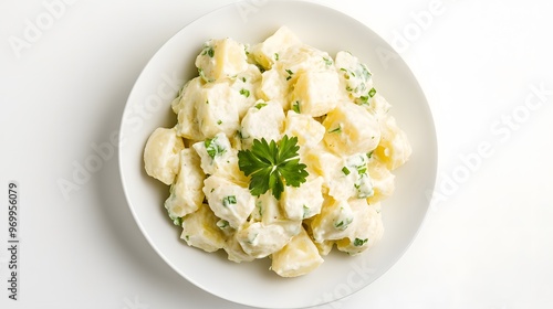 Creamy potato salad with fresh herbs on white plate