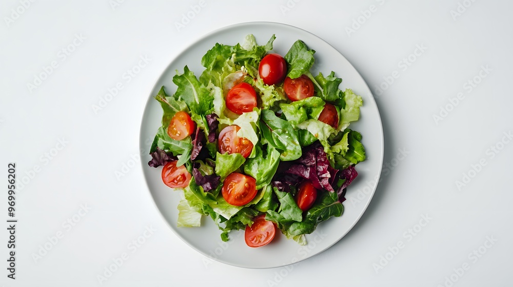 Fresh mixed greens and cherry tomato salad on a white plate Fresh mixed greens and cherry tomato salad on a white plate