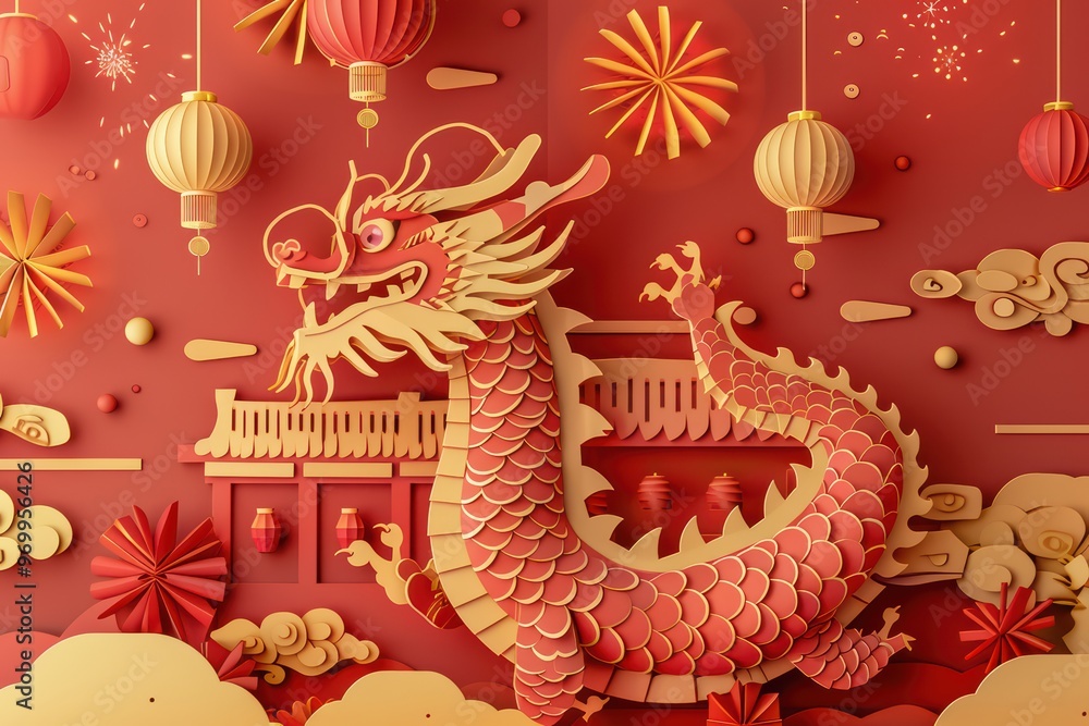 Fototapeta premium Vibrant paper art depicting a majestic dragon, adorned with lanterns and festive decorations, celebrating Chinese culture and tradition.