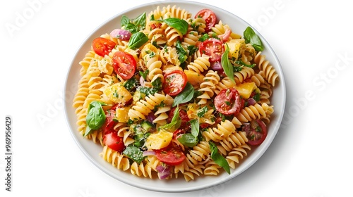 Fresh rotini pasta salad with cherry tomatoes and basil photo