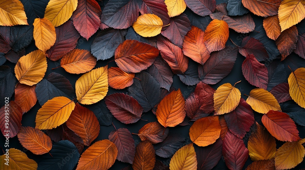 A Collection of Vibrant Autumn Leaves Arranged on a Dark Surface A Collection of Vibrant Autumn Leaves Arranged on a Dark Surface