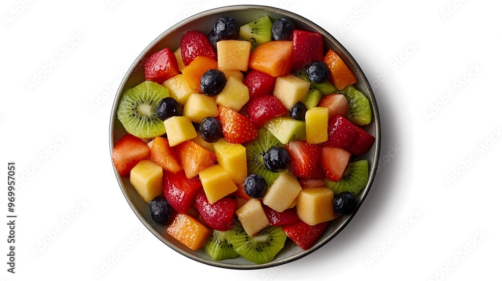 Vibrant fruit salad with kiwi, strawberries, melon, and blueberries in a bowl Vibrant fruit salad with kiwi, strawberries, melon, and blueberries in a bowl