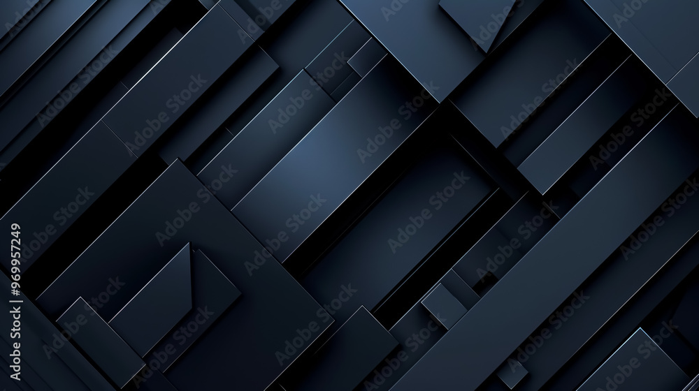 Black and blue abstract modern background with 3D effects, diagonal lines, stripes, and geometric shapes, featuring a metallic sheen and minimal design. Web banner, wide panoramic view.