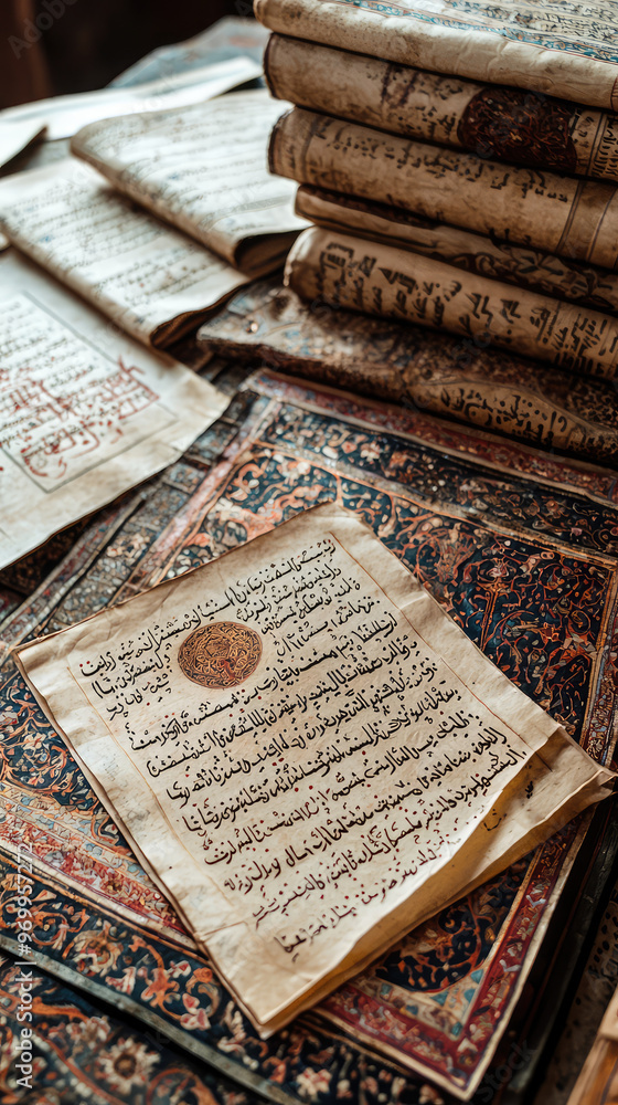 Obraz premium Ancient manuscripts with beautiful calligraphy showcase rich history and culture