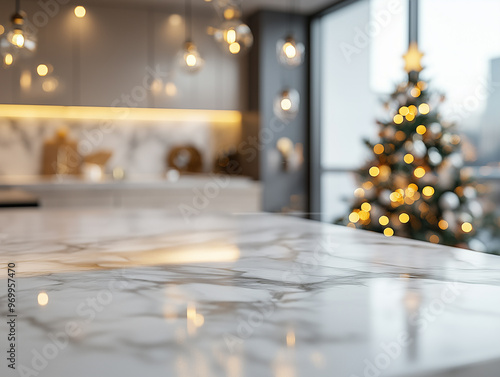 The elegant marble countertop in the kitchen reflects warm light, while a charming Christmas tree with sparkling lights adds a festive touch to the modern space