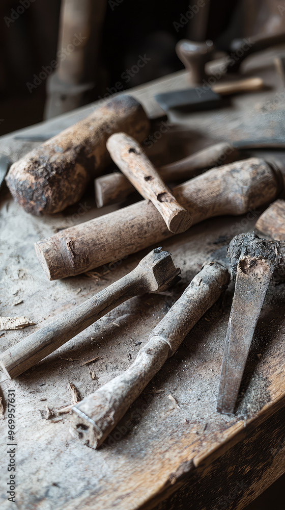 Ancient tools used for craftsmanship display unique textures and history Ancient tools used for craftsmanship display unique textures and history