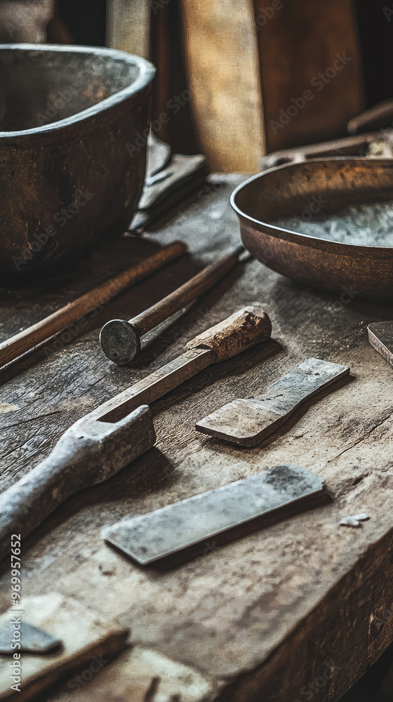 Ancient tools used for craftsmanship on wooden table evoke sense of history Ancient tools used for craftsmanship on wooden table evoke sense of history