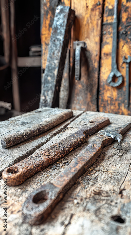 Ancient tools used for craftsmanship, showcasing their rustic charm and history Ancient tools used for craftsmanship, showcasing their rustic charm and history
