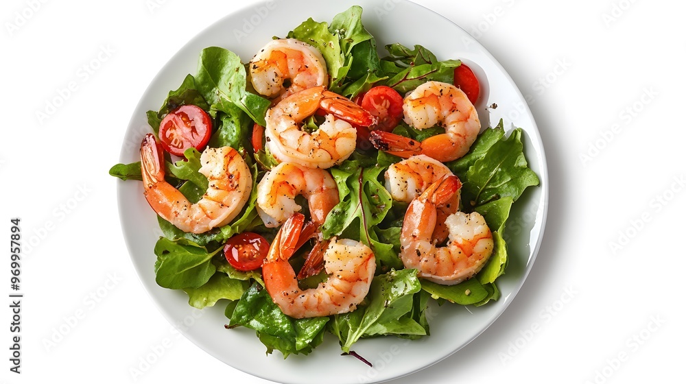 Fresh shrimp salad on white plate with leafy greens and cherry tomatoes Fresh shrimp salad on white plate with leafy greens and cherry tomatoes