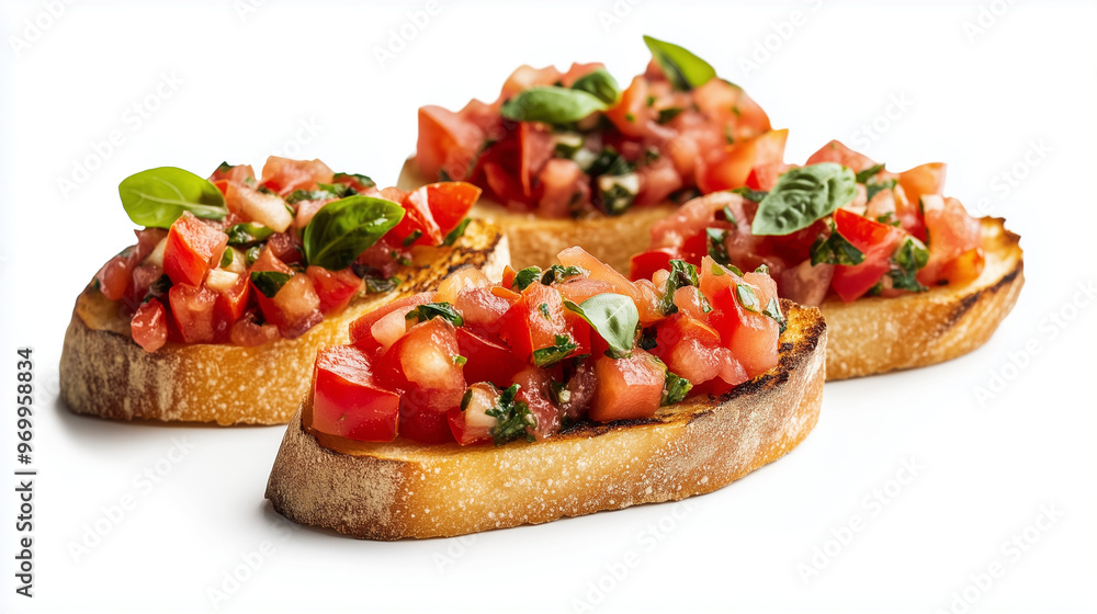 Four slices of fresh bruschetta topped with diced tomatoes, basil, and herbs, served on a rustic white background. Four slices of fresh bruschetta topped with diced tomatoes, basil, and herbs, served on a rustic white background.
