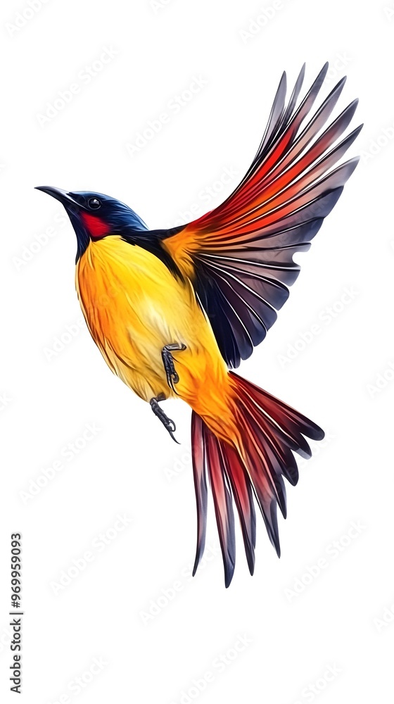 Fototapeta premium Regal Sunbird Flying on White Background, Photo Realistic, Wallpaper, Cover and Screen for Smartphone, PC, Laptop, 9:16 and 16:9 Format