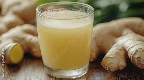 Ginger juice in a glass. Healthy homemade refreshing antioxidant detox drink or beverage photo