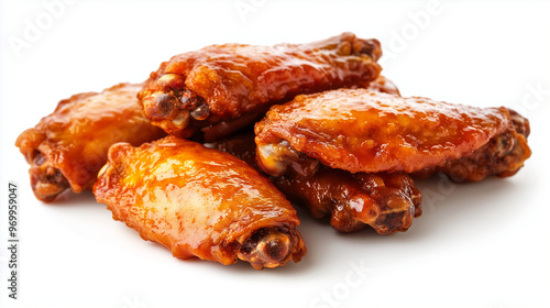Close-up of five deliciously glazed chicken wings stacked together on a white background.