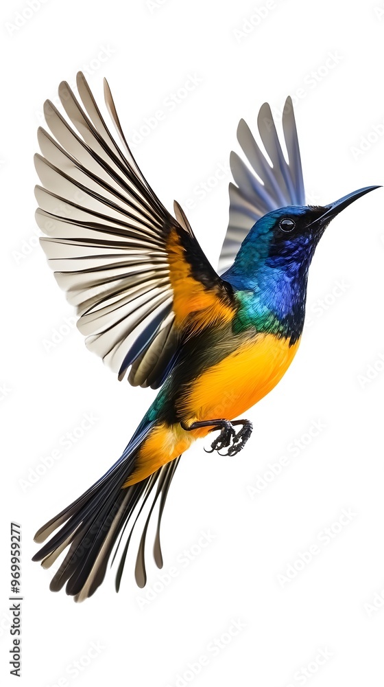 Fototapeta premium Regal Sunbird Flying on White Background, Photo Realistic, Wallpaper, Cover and Screen for Smartphone, PC, Laptop, 9:16 and 16:9 Format