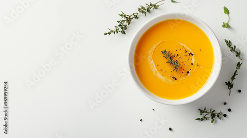 A bowl of creamy pumpkin soup garnished with fresh thyme and black pepper on a white background, surrounded by sprigs of thyme and peppercorns.