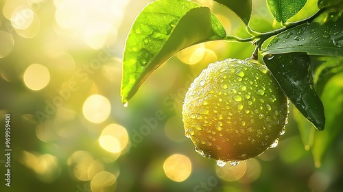  A lemon on a tree with water droplets and sun shining behind