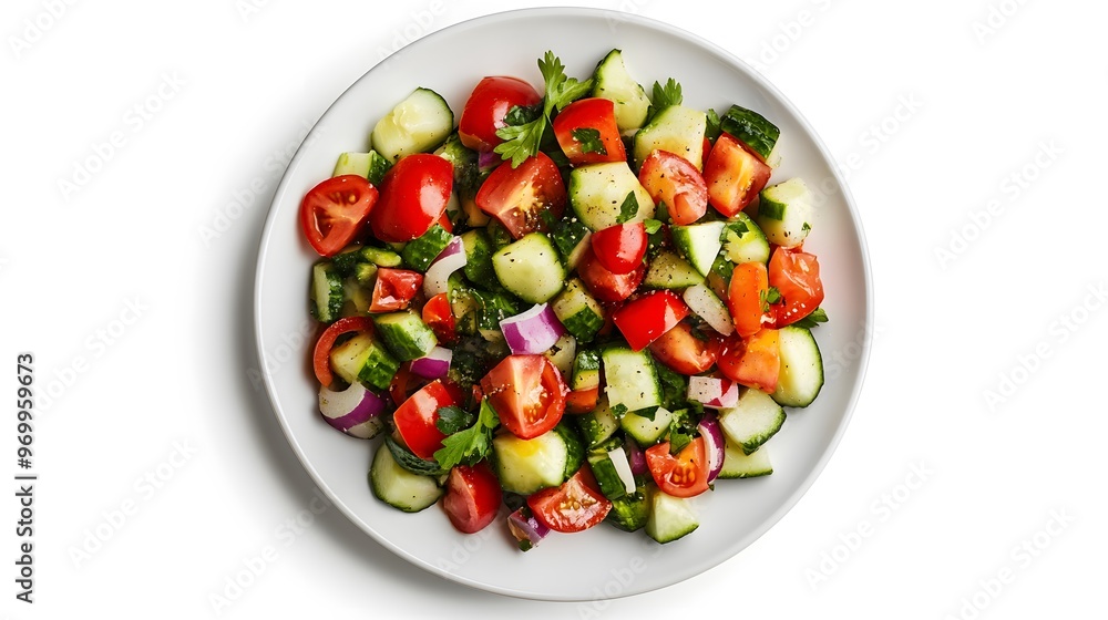 Fresh summer salad with tomatoes, cucumbers, and red onions on white plate Fresh summer salad with tomatoes, cucumbers, and red onions on white plate