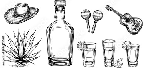 Vintage vector illustration of tequila bottle and shot . Hand drawn sketch of Mexican vibe with lime, sombrero,maracass and guitar.
