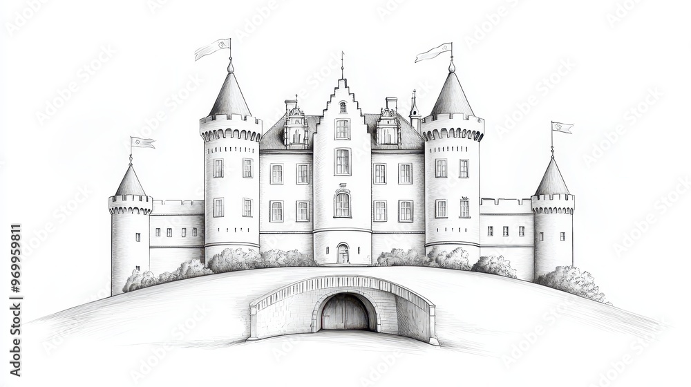 Engraved Elegance: Majestic Castle on Hilltop with Turrets and Banners. Engraved Elegance: Majestic Castle on Hilltop with Turrets and Banners.