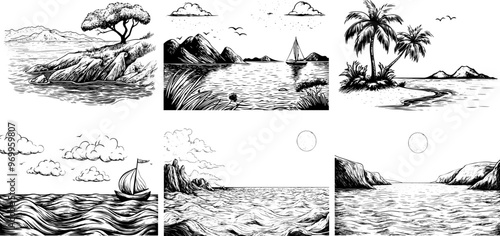 Vintage vector sketch of a sea scene set. Black and white line art featuring the ocean, sand, and waves.