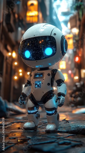 friendly robot character with glowing circuits pointing to blank space set in a futuristic environment with holographic displays