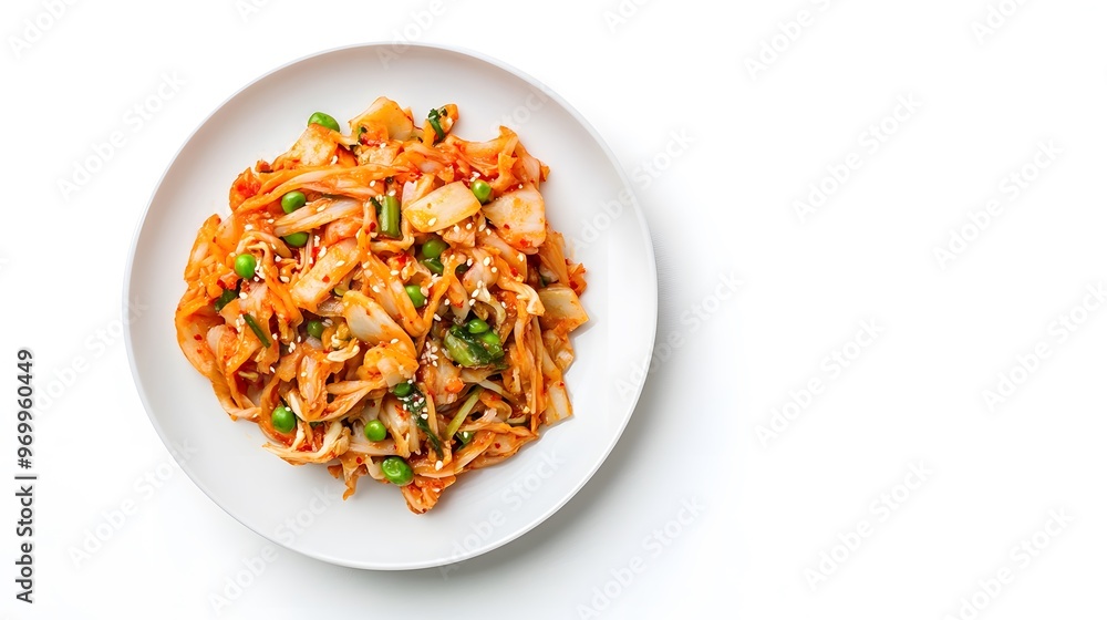 Spicy kimchi stir fry with vegetables on white plate - korean cuisine delicacy Spicy kimchi stir fry with vegetables on white plate - korean cuisine delicacy